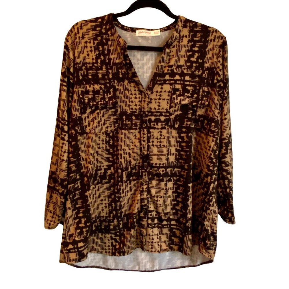 Faded Glory Black and Tan Button Down 3/4 Sleeve Top Women's Size XL